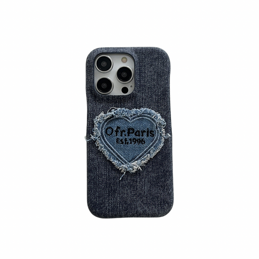 Denim embroidered heart phone case